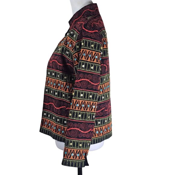 VTG Silk Club Eclectic Silk Jacket Sz PM Colorful Artsy Button Accents Open - Picture 2 of 9
